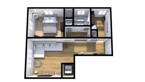 the living room of the residence has a wood floor and